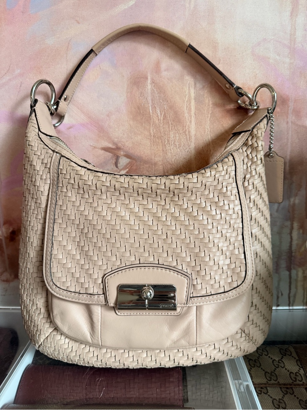Coach Beige Woven Leather Hobo Shoulder Bag